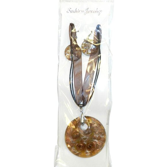 Brown Lampworked Pendant with Silver & Bronze Sparkles Necklace & Earrings FN253 - Picture 2 of 2